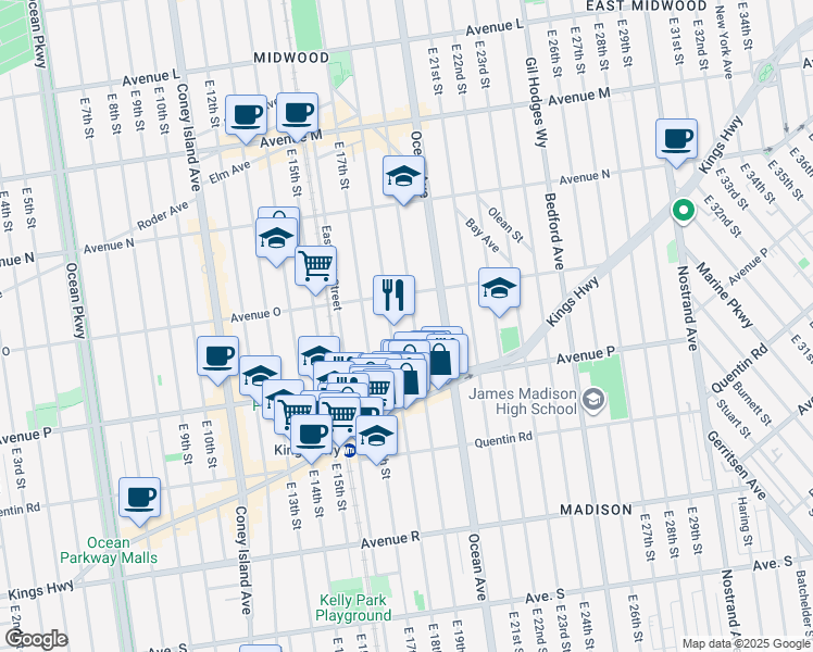 map of restaurants, bars, coffee shops, grocery stores, and more near 1545 East 18th Street in Brooklyn