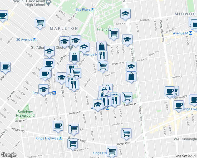 map of restaurants, bars, coffee shops, grocery stores, and more near 1654 McDonald Avenue in Brooklyn