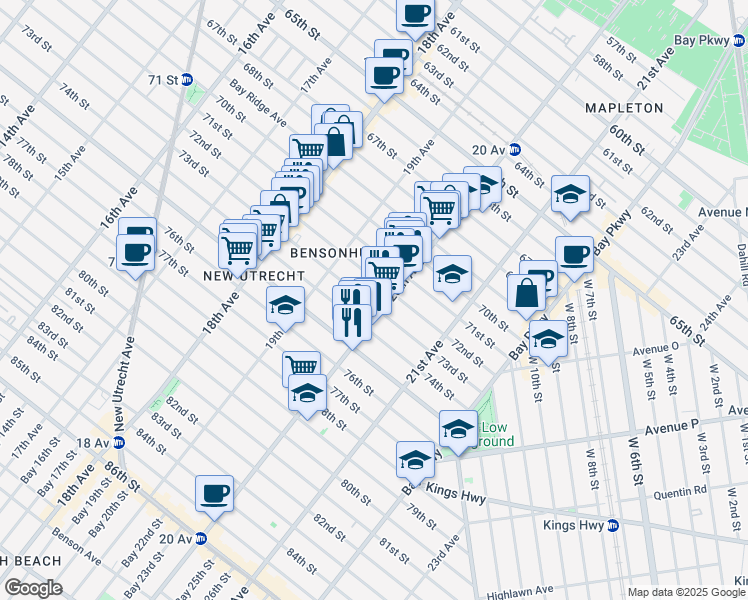 map of restaurants, bars, coffee shops, grocery stores, and more near 7210 20th Avenue in Brooklyn