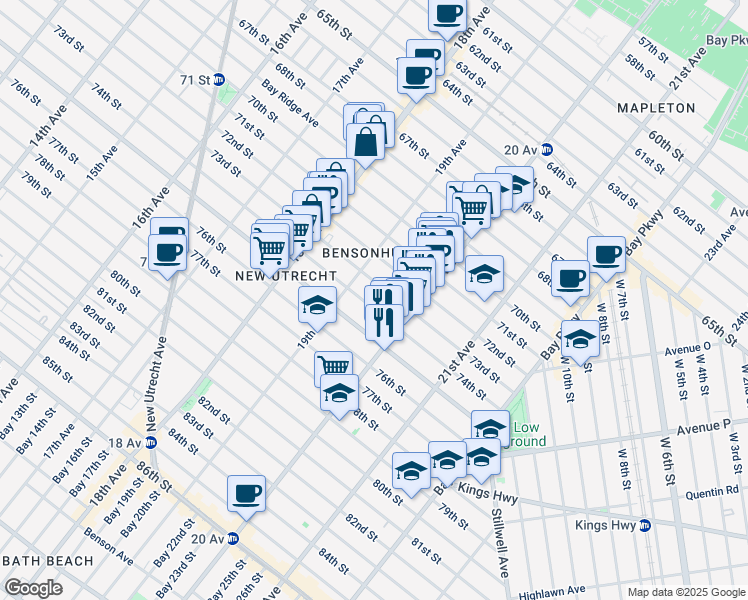 map of restaurants, bars, coffee shops, grocery stores, and more near 1938 73rd Street in Brooklyn