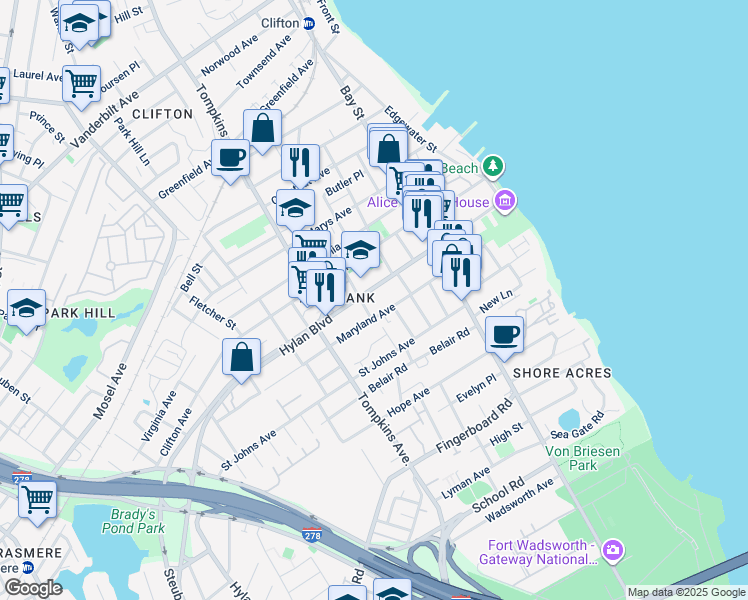 map of restaurants, bars, coffee shops, grocery stores, and more near 192 Hylan Boulevard in Staten Island