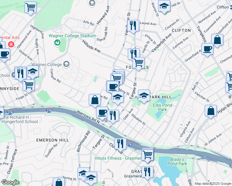 map of restaurants, bars, coffee shops, grocery stores, and more near 5 Cunard Place in Staten Island