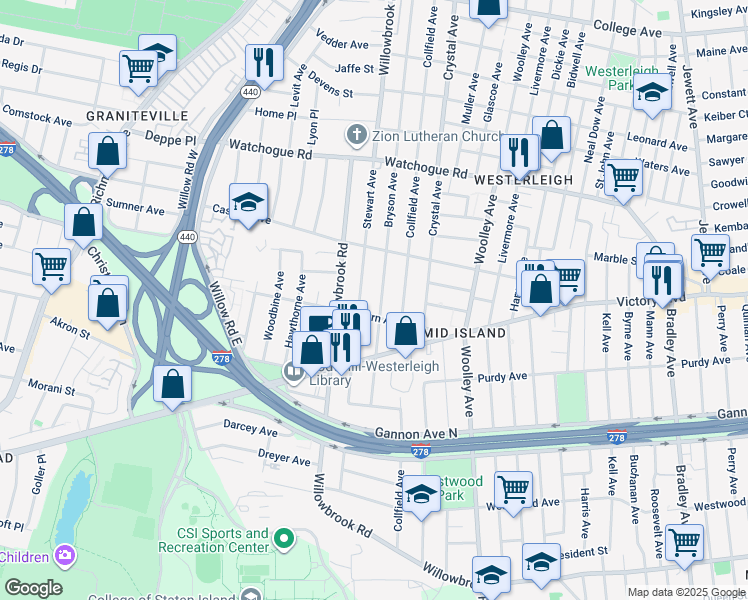 map of restaurants, bars, coffee shops, grocery stores, and more near 348 Bryson Avenue in Staten Island