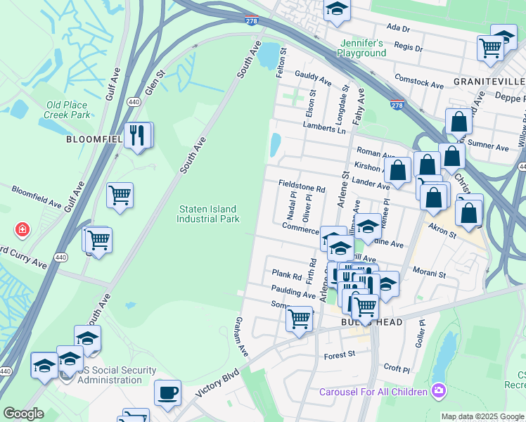 map of restaurants, bars, coffee shops, grocery stores, and more near 72 Graham Avenue in Staten Island