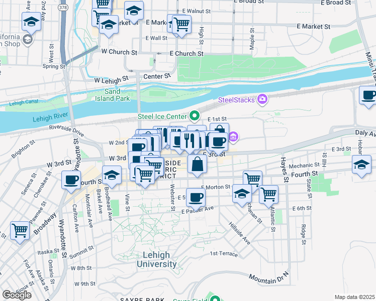 map of restaurants, bars, coffee shops, grocery stores, and more near 217 East 3rd Street in Bethlehem