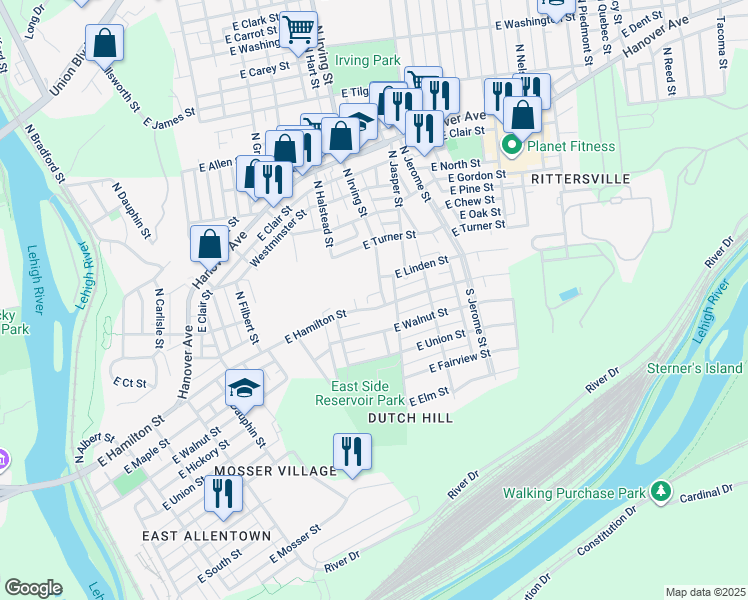 map of restaurants, bars, coffee shops, grocery stores, and more near 824-832 East Linden Street in Allentown