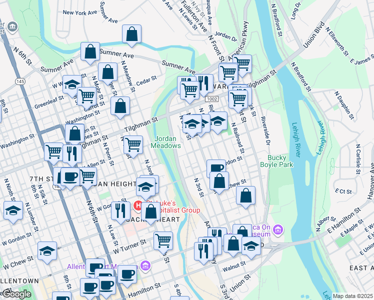 map of restaurants, bars, coffee shops, grocery stores, and more near 512 North 3rd Street in Allentown