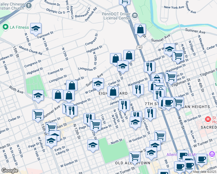map of restaurants, bars, coffee shops, grocery stores, and more near 140 Carrot Street in Allentown