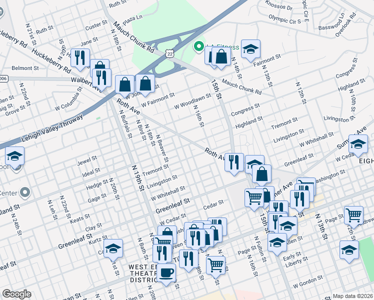 map of restaurants, bars, coffee shops, grocery stores, and more near 1045-1051 North 17th Street in Allentown