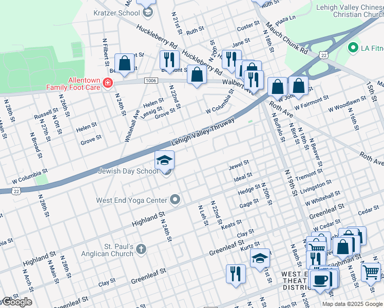 map of restaurants, bars, coffee shops, grocery stores, and more near 1243 North 22nd Street in Allentown