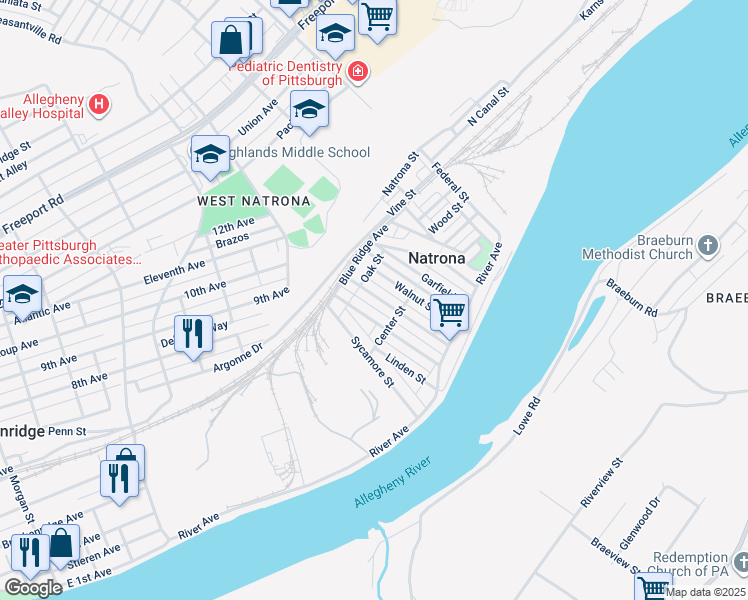 map of restaurants, bars, coffee shops, grocery stores, and more near 80 Spruce Street in Natrona Heights