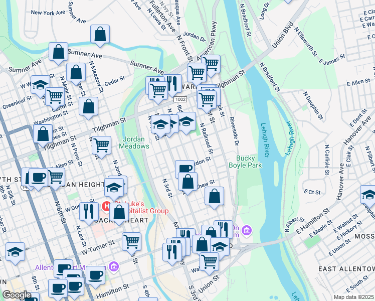map of restaurants, bars, coffee shops, grocery stores, and more near 435 Bellevue Street in Allentown