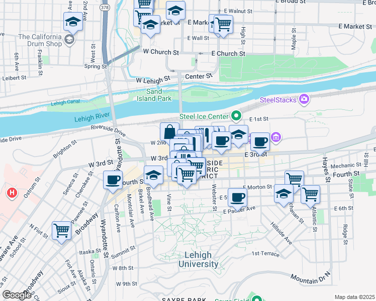 map of restaurants, bars, coffee shops, grocery stores, and more near 14 Columbia Street in Bethlehem