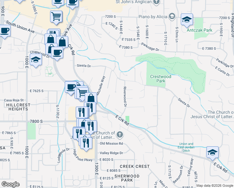 map of restaurants, bars, coffee shops, grocery stores, and more near 7641 Mary Esther Circle in Sandy