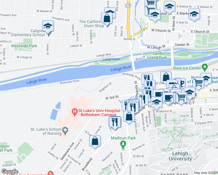 map of restaurants, bars, coffee shops, grocery stores, and more near 553 Brighton Street in Bethlehem
