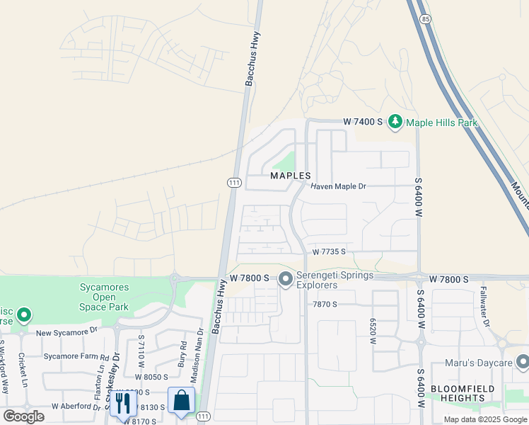 map of restaurants, bars, coffee shops, grocery stores, and more near 6791 Grevillea Lane in West Jordan