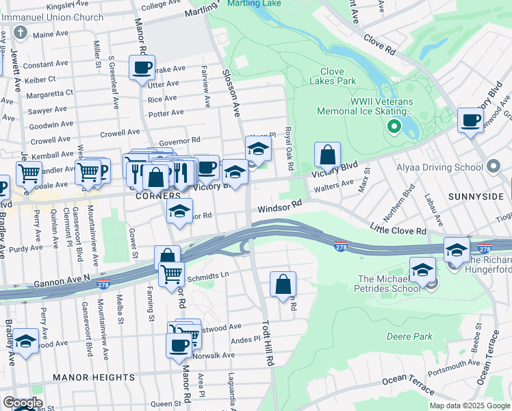 map of restaurants, bars, coffee shops, grocery stores, and more near 95 Windsor Road in Staten Island