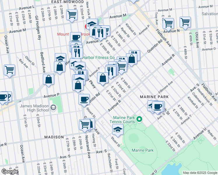 map of restaurants, bars, coffee shops, grocery stores, and more near 3120 Quentin Road in Brooklyn