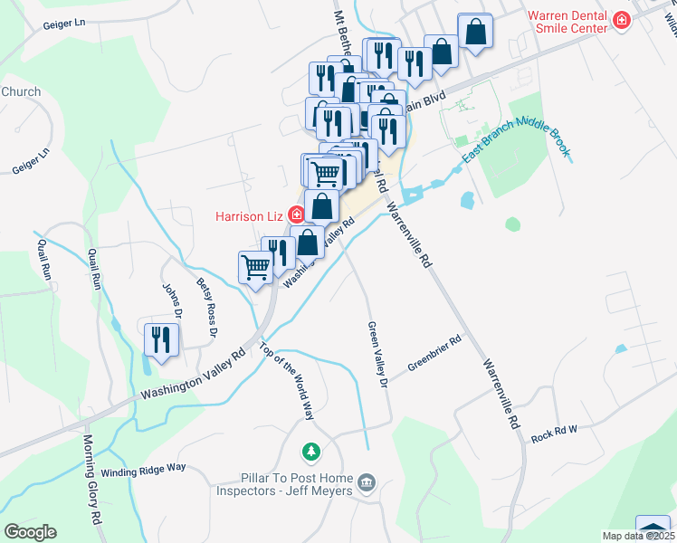 map of restaurants, bars, coffee shops, grocery stores, and more near 2 Middle Brook Road in Warren