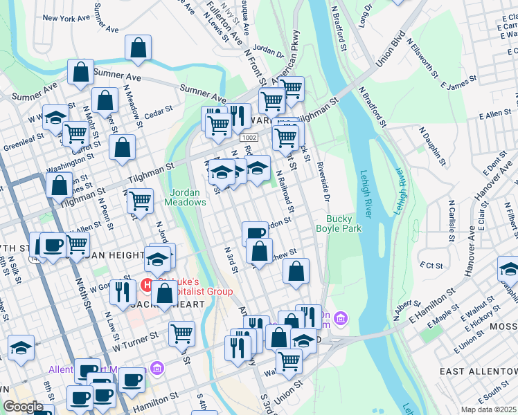 map of restaurants, bars, coffee shops, grocery stores, and more near 435 Bellevue Street in Allentown
