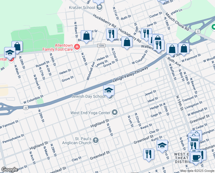 map of restaurants, bars, coffee shops, grocery stores, and more near 1302 North 23rd Street in Allentown