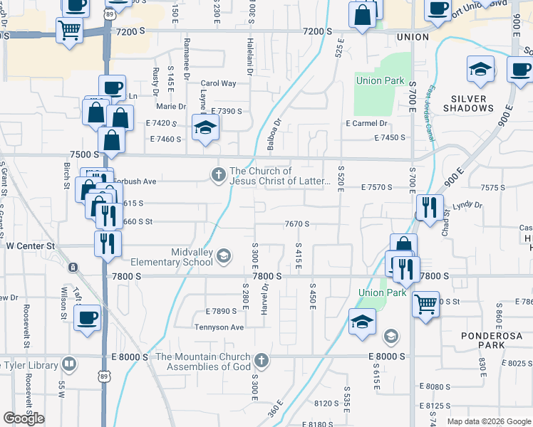 map of restaurants, bars, coffee shops, grocery stores, and more near 350 East 7635 South Street in Cottonwood Heights