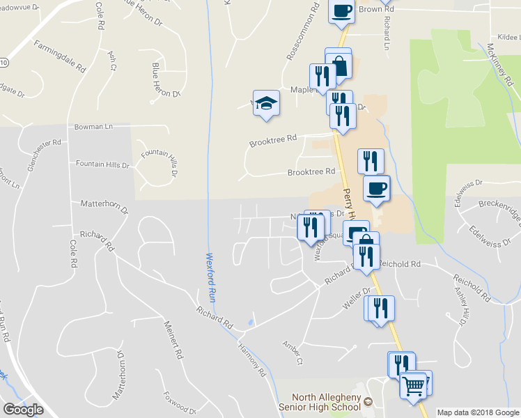 map of restaurants, bars, coffee shops, grocery stores, and more near 10554 Ironwood Lane in Wexford