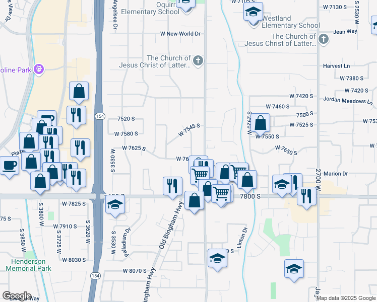 map of restaurants, bars, coffee shops, grocery stores, and more near 3263 West 7625 South in West Jordan