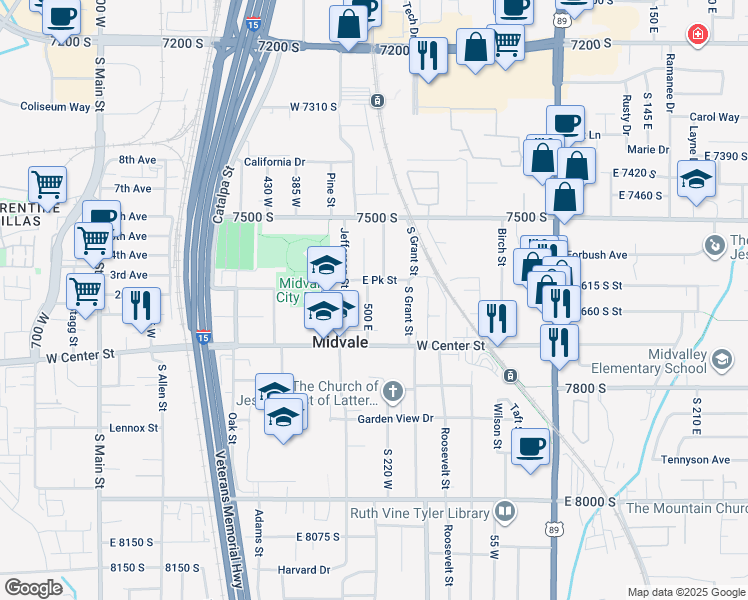 map of restaurants, bars, coffee shops, grocery stores, and more near 7645 South Lincoln Street in Midvale