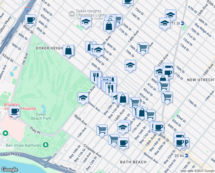 map of restaurants, bars, coffee shops, grocery stores, and more near 1448 85th Street in Brooklyn