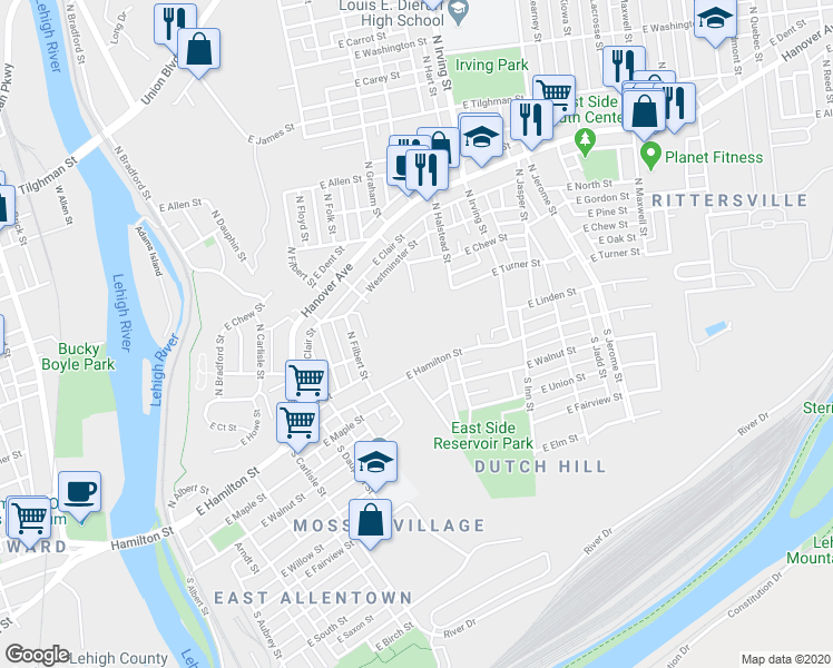 map of restaurants, bars, coffee shops, grocery stores, and more near 101-107 North Gilmore Street in Allentown