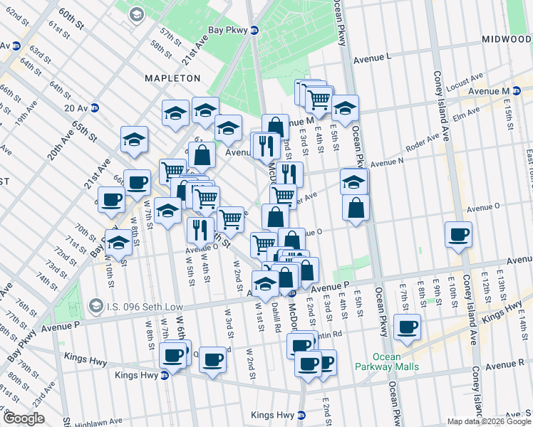 map of restaurants, bars, coffee shops, grocery stores, and more near 1654 McDonald Avenue in Brooklyn