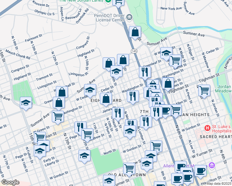 map of restaurants, bars, coffee shops, grocery stores, and more near 915 Washington Street in Allentown