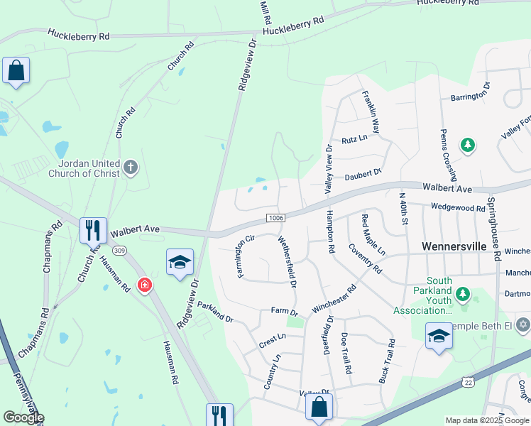 map of restaurants, bars, coffee shops, grocery stores, and more near 1622 Chestertown Road in Allentown