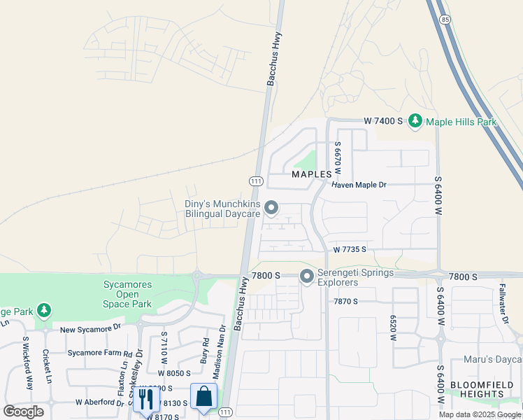 map of restaurants, bars, coffee shops, grocery stores, and more near 7624 Calendula Lane in West Jordan