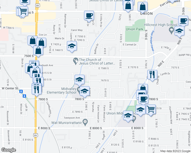map of restaurants, bars, coffee shops, grocery stores, and more near 354 East 7635 South Street in Midvale