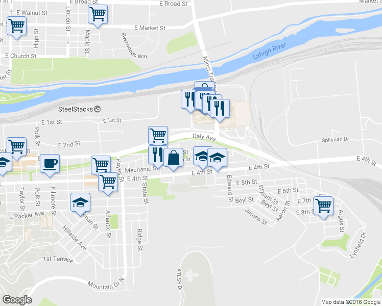 map of restaurants, bars, coffee shops, grocery stores, and more near 1174 East 3rd Street in Bethlehem