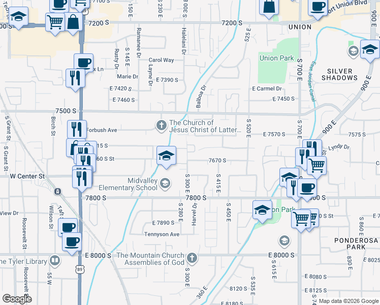 map of restaurants, bars, coffee shops, grocery stores, and more near 330 East 7635 South Street in Midvale