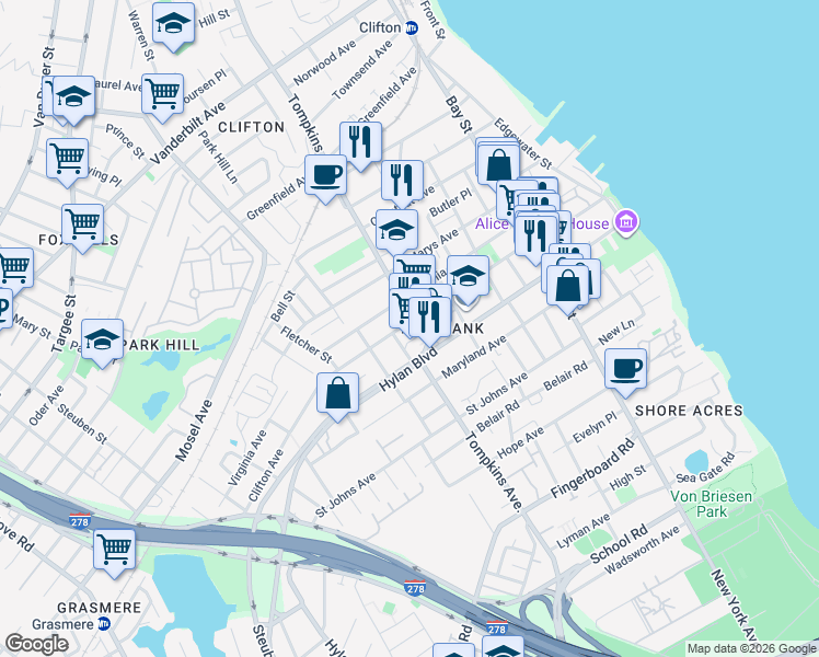 map of restaurants, bars, coffee shops, grocery stores, and more near 554 Tompkins Avenue in Staten Island