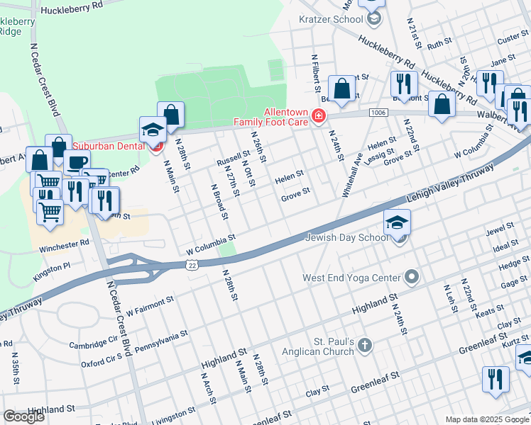 map of restaurants, bars, coffee shops, grocery stores, and more near 1417 North Ott Street in Allentown