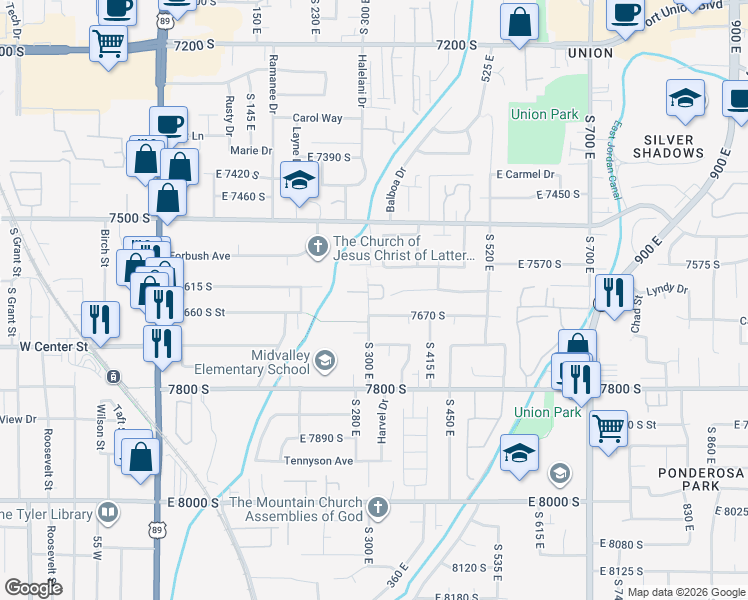 map of restaurants, bars, coffee shops, grocery stores, and more near 7634 South 300 East in Midvale