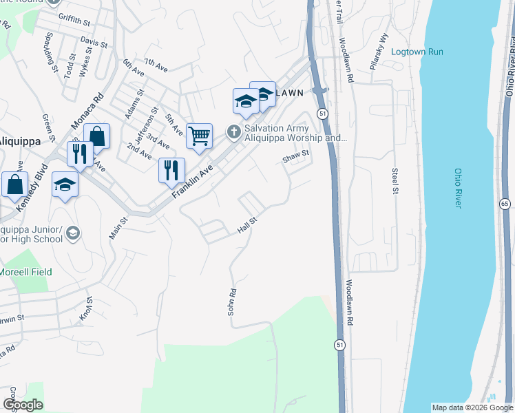 map of restaurants, bars, coffee shops, grocery stores, and more near 105 Major St in Aliquippa