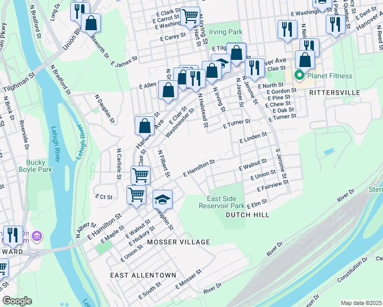 map of restaurants, bars, coffee shops, grocery stores, and more near 101-107 North Gilmore Street in Allentown