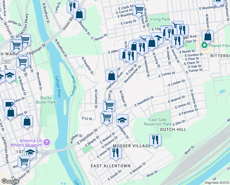 map of restaurants, bars, coffee shops, grocery stores, and more near 135 North Ellsworth Street in Allentown