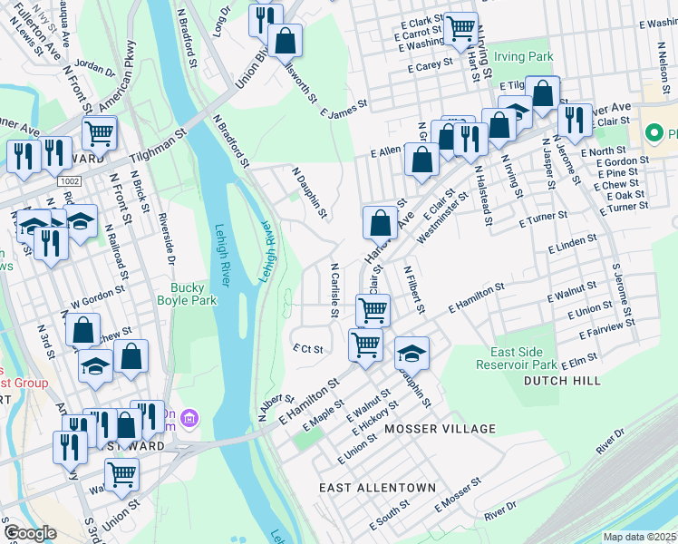 map of restaurants, bars, coffee shops, grocery stores, and more near 163 North Carlisle Street in Allentown