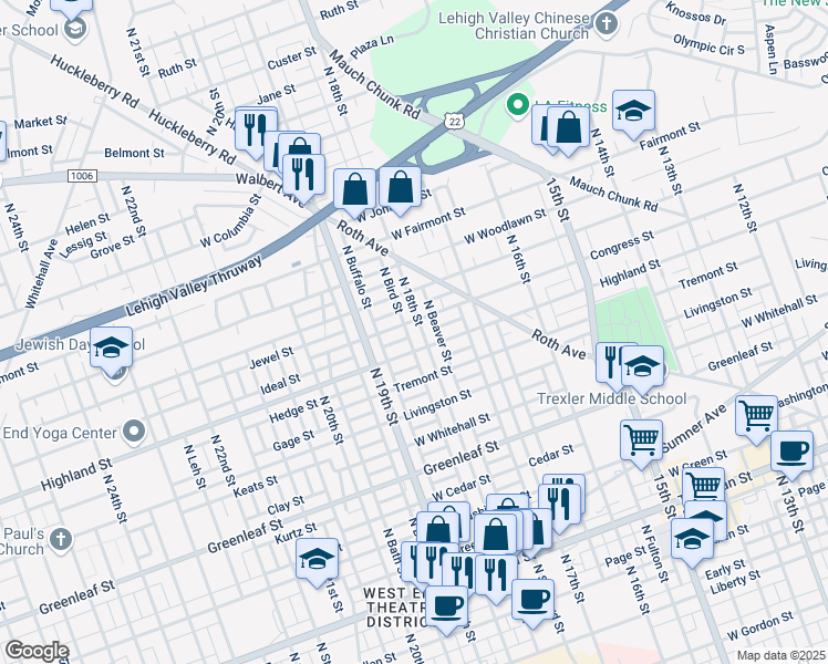map of restaurants, bars, coffee shops, grocery stores, and more near 1118 N 18th St in Allentown