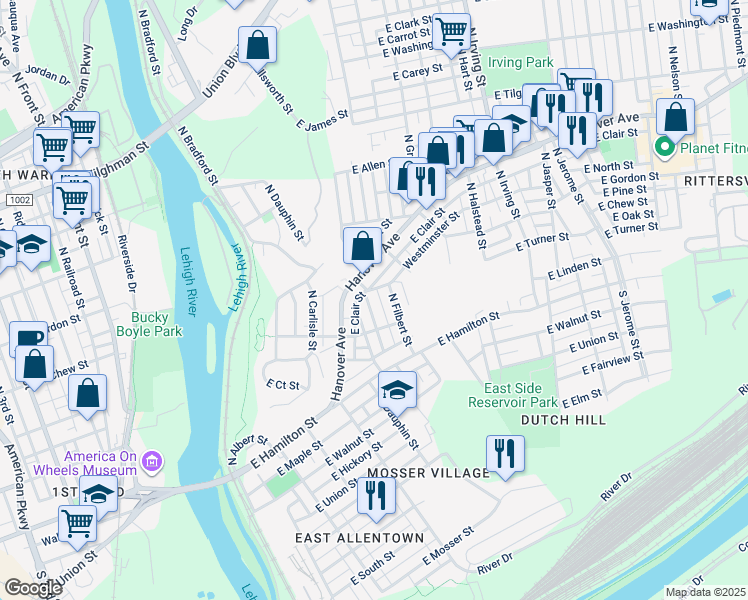 map of restaurants, bars, coffee shops, grocery stores, and more near 135 North Ellsworth Street in Allentown