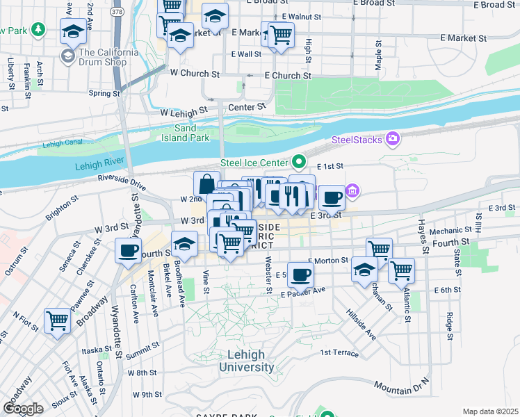 map of restaurants, bars, coffee shops, grocery stores, and more near 126 Columbia Street in Bethlehem