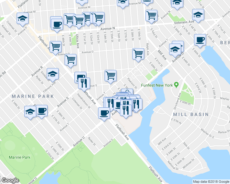 map of restaurants, bars, coffee shops, grocery stores, and more near 2023 East 54th Street in Brooklyn