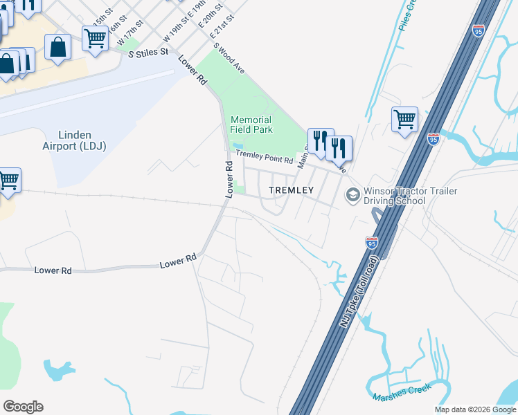 map of restaurants, bars, coffee shops, grocery stores, and more near 310 Madison Street in Linden